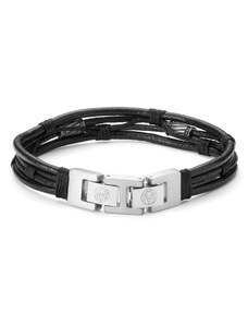 Lucleon Bracelet en cordons de cuir noir et acier argenté Icon