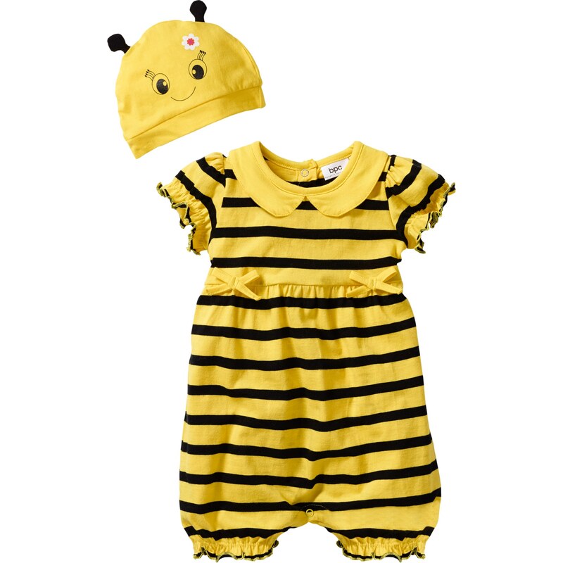 bpc bonprix collection Combinaison bébé à manches courtes + bonnet (Ens. 2 pces.) en coton bio jaune enfant - bonprix