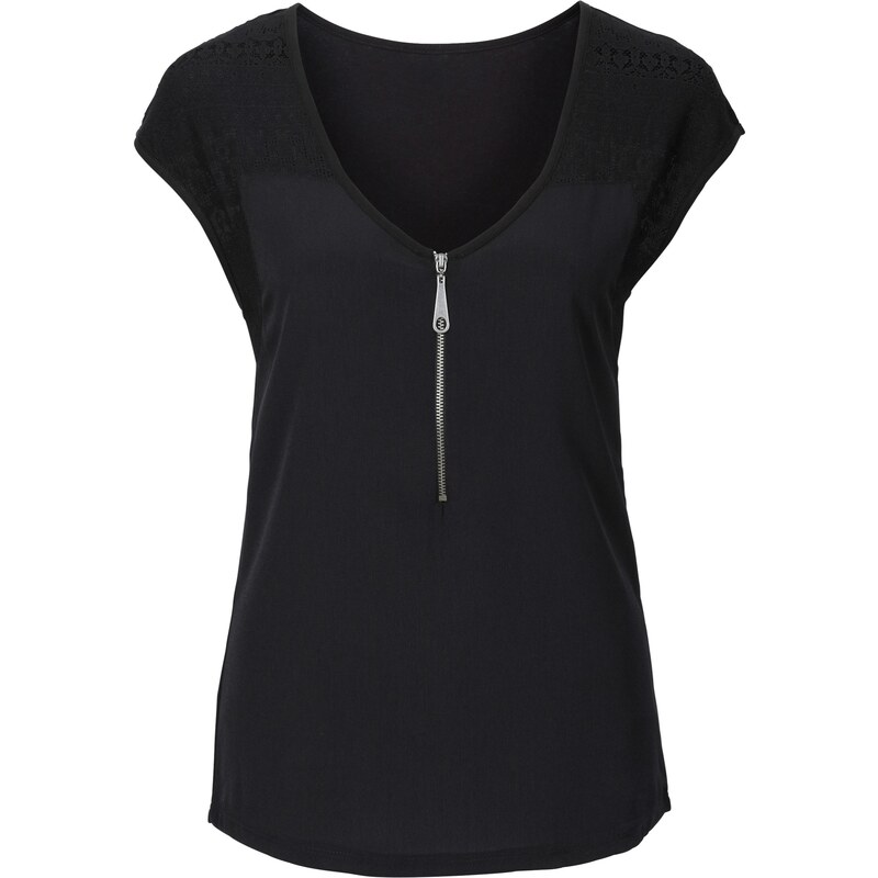 BODYFLIRT Bonprix - T-shirt à empiècement dentelle noir manches courtes pour femme