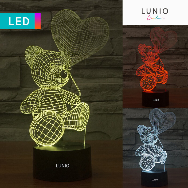 Lunio Color Lampe LED illusion 3D forme ourson et coeur