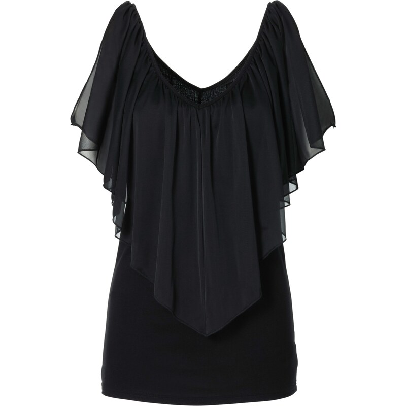 BODYFLIRT boutique Bonprix - T-shirt avec grand volant noir manches courtes pour femme