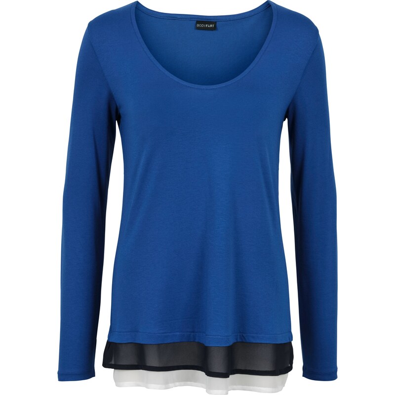 BODYFLIRT Bonprix - T-shirt avec volants en chiffon bleu manches longues pour femme