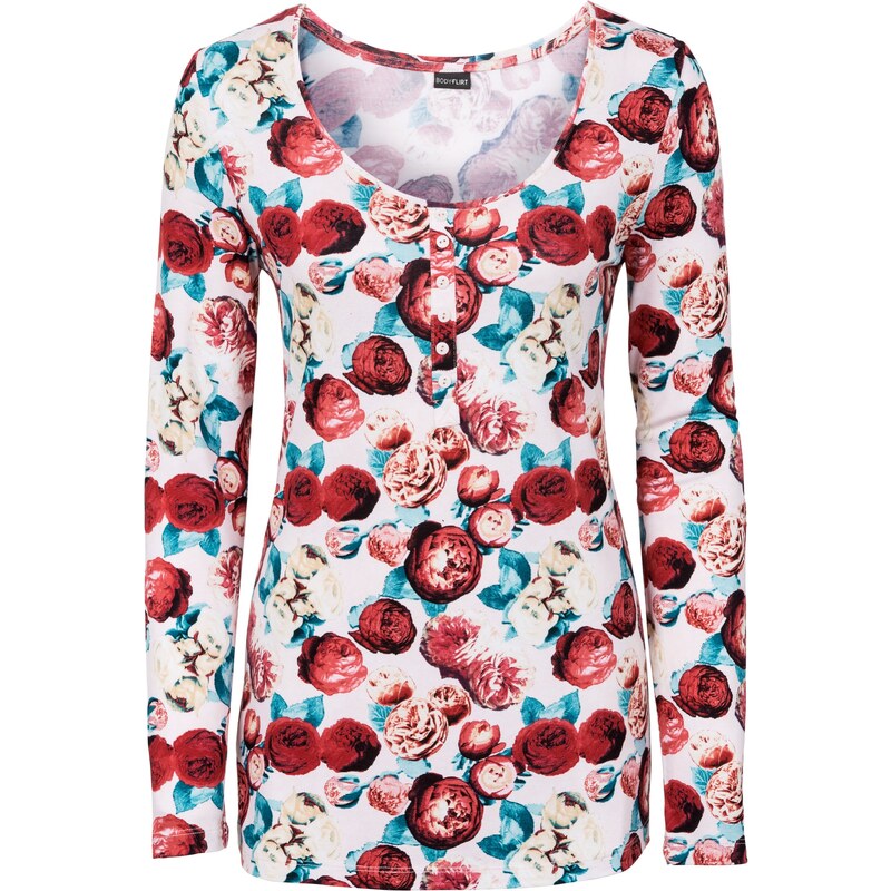 BODYFLIRT Bonprix - T-shirt avec patte de boutonnage rose manches longues pour femme