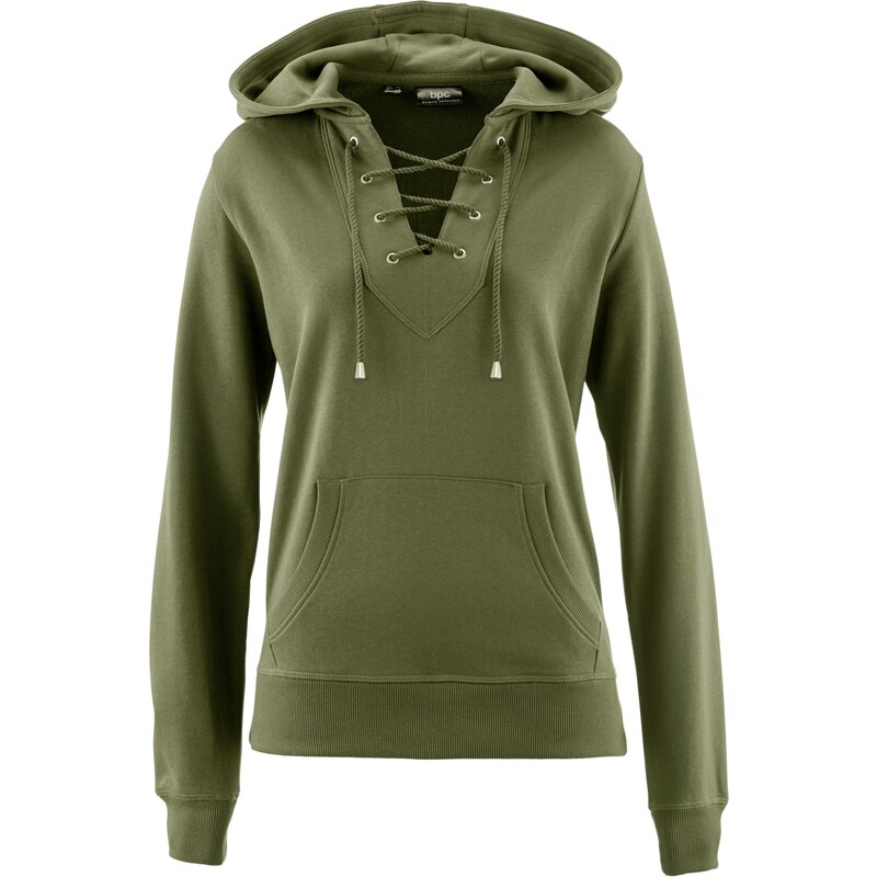 bpc bonprix collection Bonprix - Sweatshirt à capuche avec laçage vert manches longues pour femme
