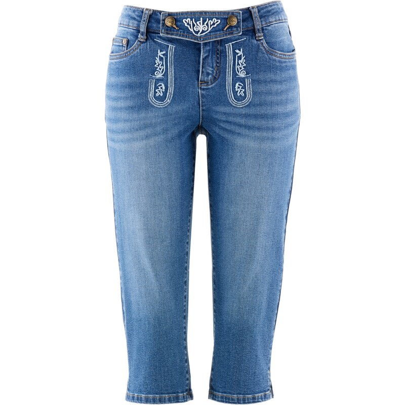 Bonprix - Corsaire en jean bavarois avec broderie, longueur 3/4 bleu pour femme