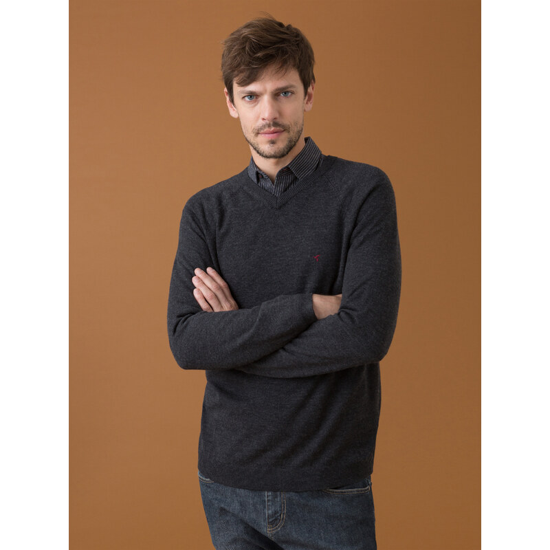 Pull Homme Laine Mérinos Col V Somewhere, Couleur Anthracite Chine