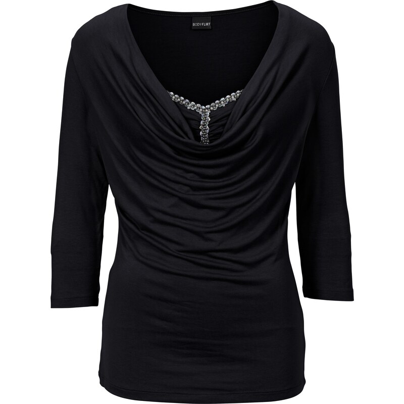 BODYFLIRT Bonprix - T-shirt avec décoration au décolleté noir manches 3/4 pour femme