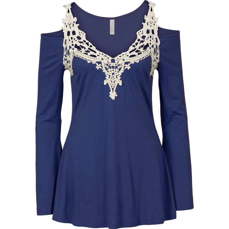 BODYFLIRT boutique Bonprix - T-shirt à empiècement crochet bleu manches longues pour femme