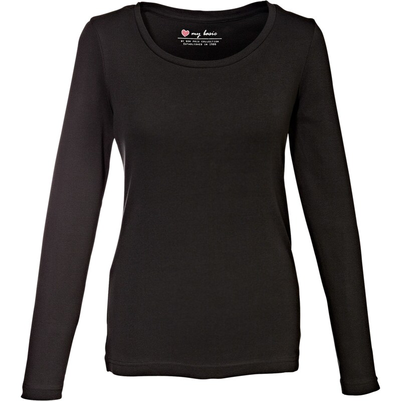 bpc bonprix collection Bonprix - T-shirt col rond en coton, manches longues noir pour femme