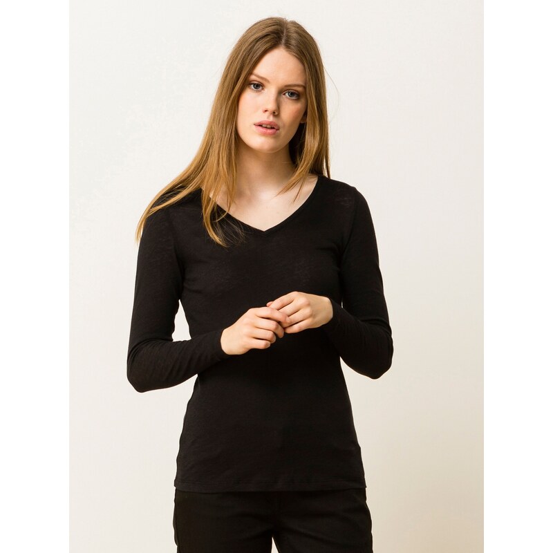 T-shirt Femme Coton/cachemire Encolure V Somewhere, Couleur Noir