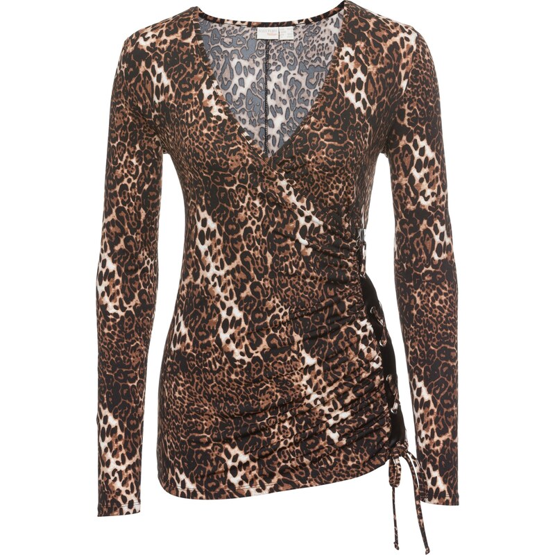 BODYFLIRT boutique Bonprix - Top léopard avec laçage marron manches longues pour femme