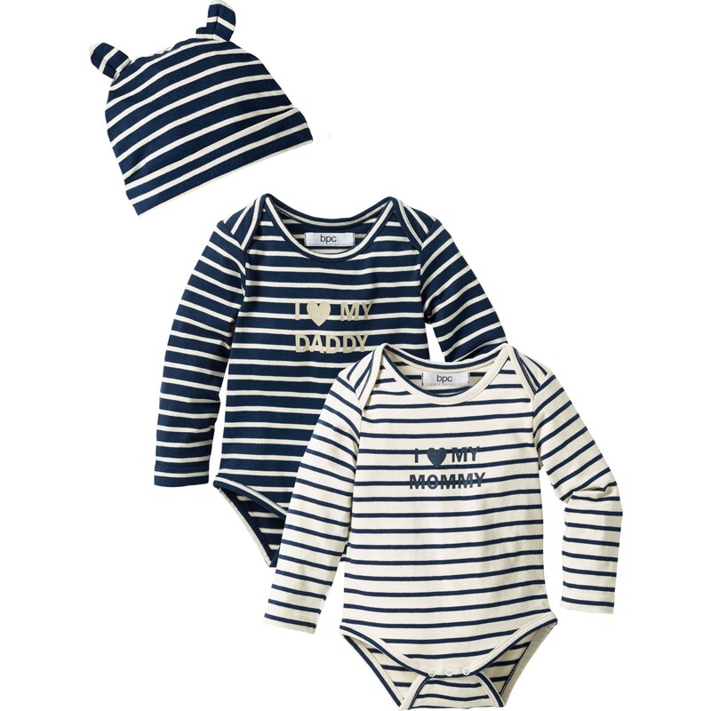 bpc bonprix collection Bonprix - Bodies bébé manches longues + bonnet (Ens. 3 pces.) en coton bio beige pour enfant