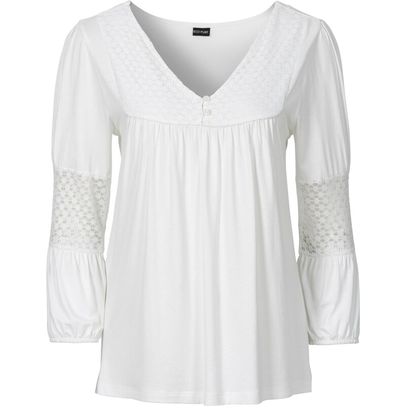 BODYFLIRT Bonprix - T-shirt à dentelle blanc manches 3/4 pour femme