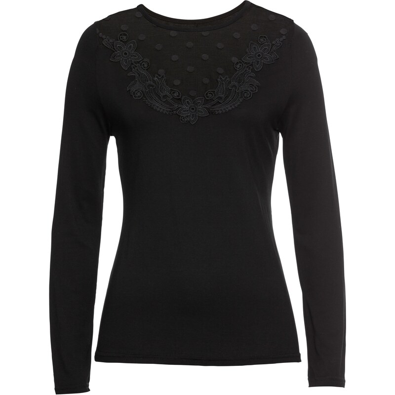 BODYFLIRT Bonprix - T-shirt avec mesh et dentelle noir manches longues pour femme