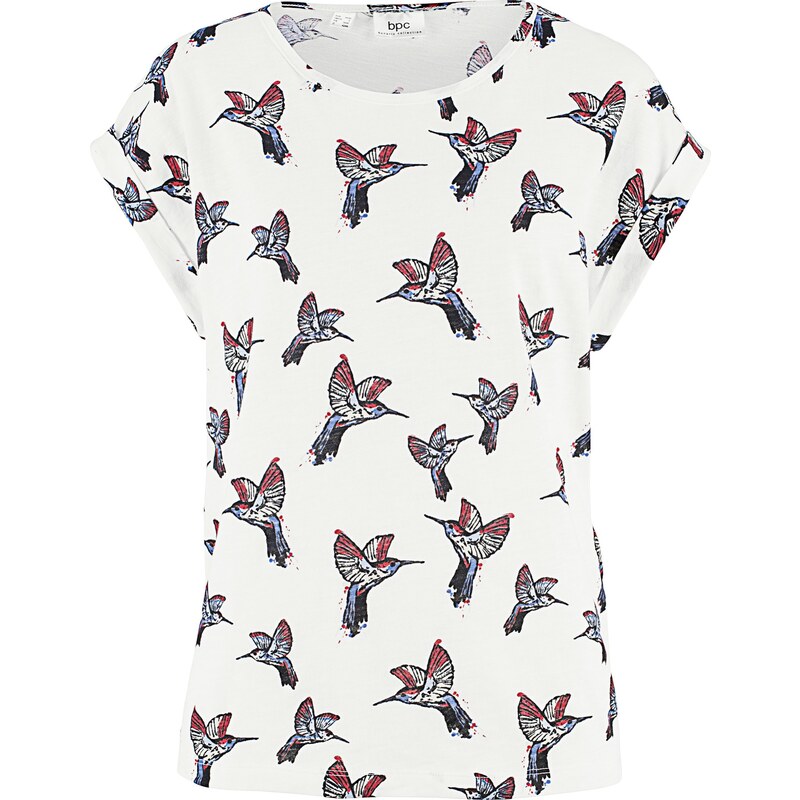 bpc bonprix collection Bonprix - T-shirt en fil flammé à imprimé oiseaux blanc manches courtes pour femme