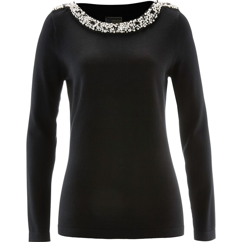 bpc selection premium Bonprix - Pull avec perles appliquées noir manches longues pour femme