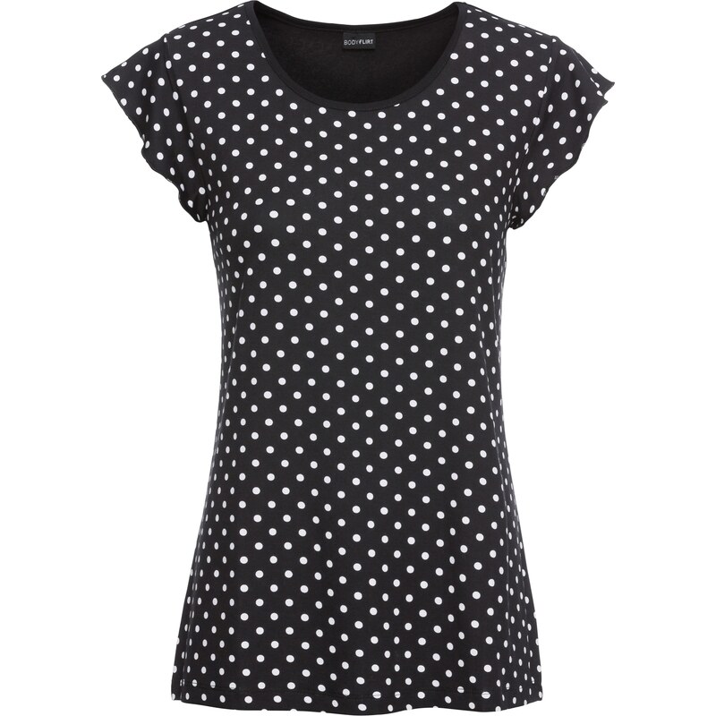 BODYFLIRT Bonprix - T-shirt en jersey à imprimé pois noir mancherons pour femme