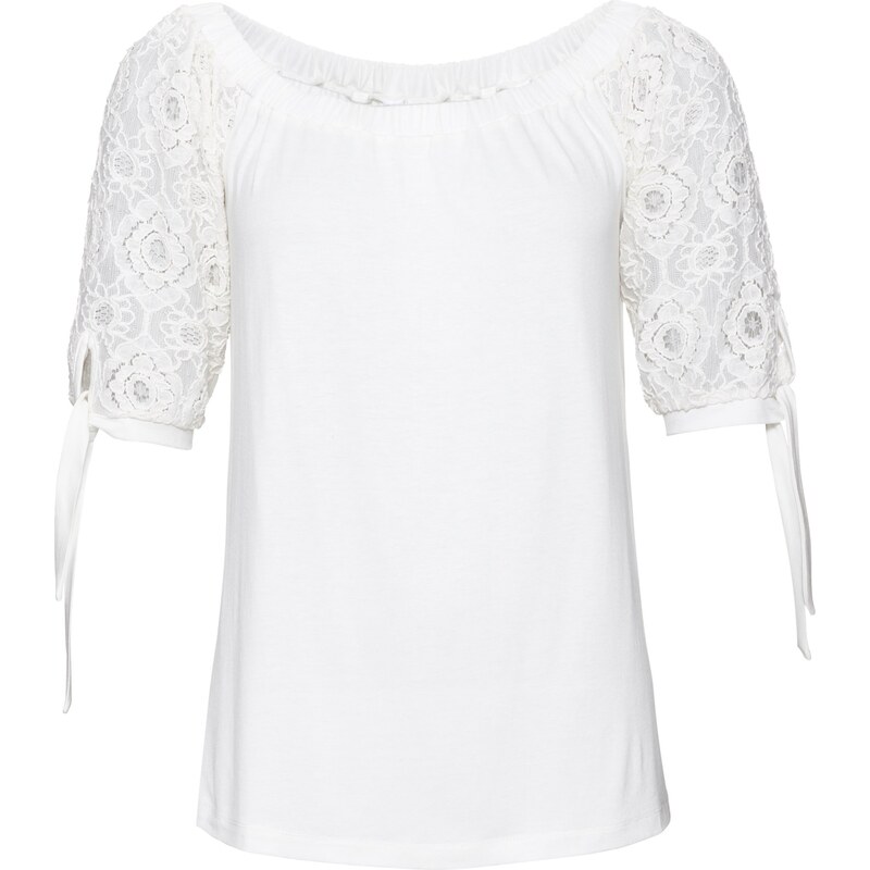 BODYFLIRT Bonprix - T-shirt avec manches en dentelle blanc pour femme