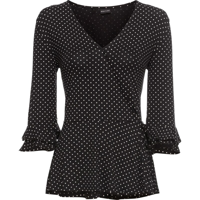 BODYFLIRT Bonprix - T-shirt style cache-cœur noir manches 3/4 pour femme