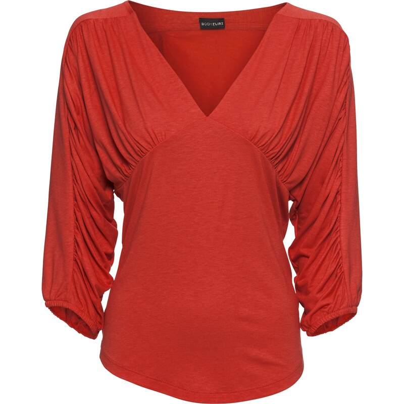 BODYFLIRT Bonprix - T-shirt avec fronces rouge manches 3/4 pour femme