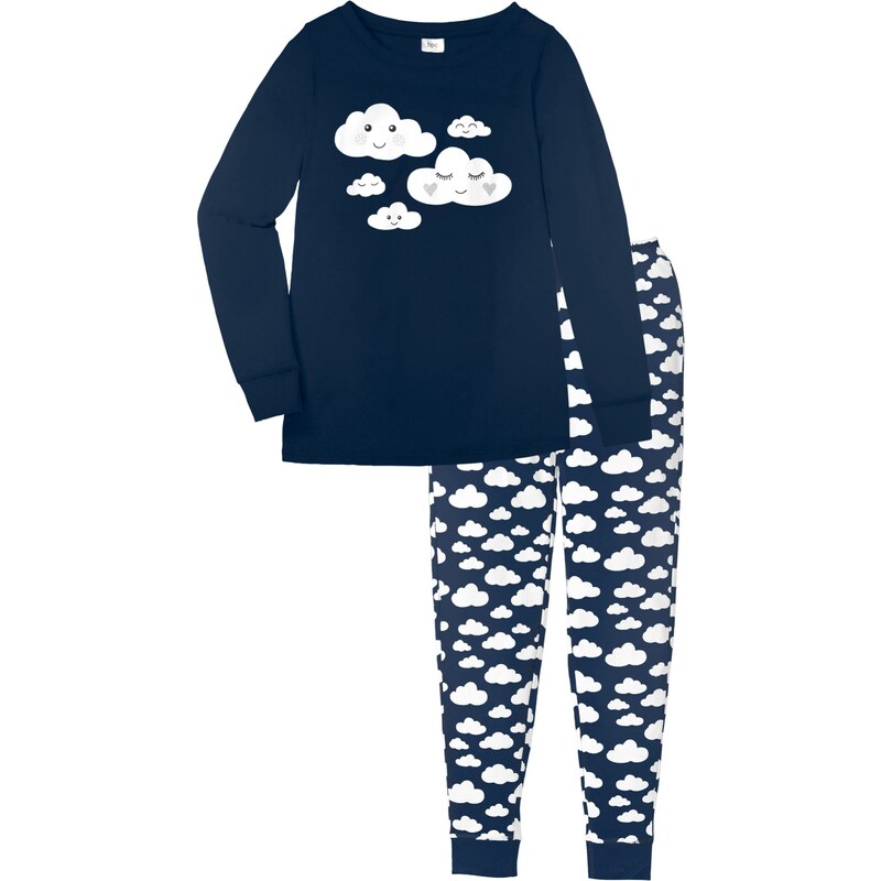 RAINBOW Bonprix - Pyjama en coton bio bleu manches longues pour femme