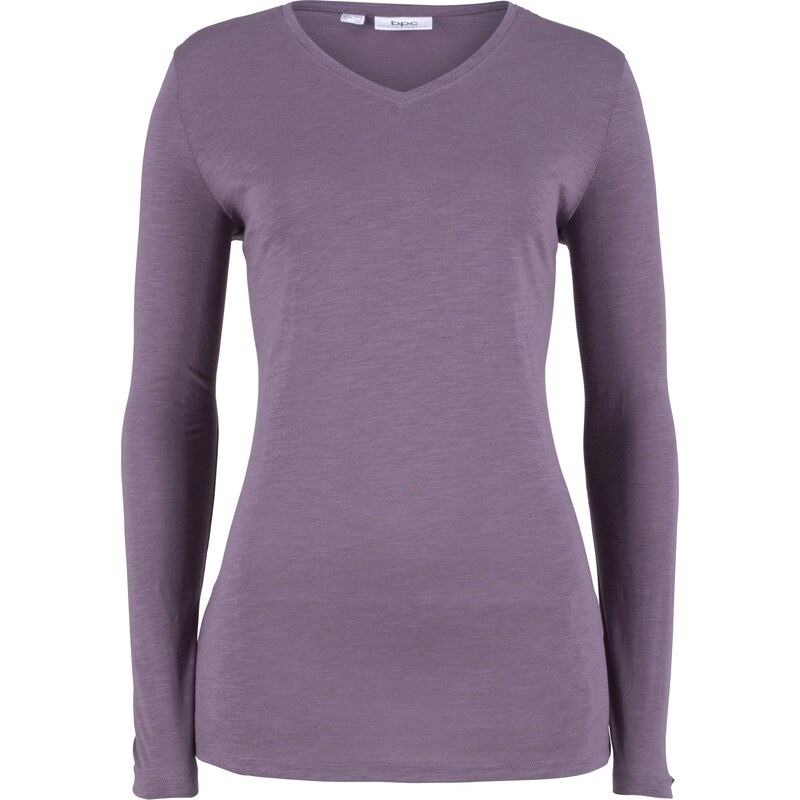 bpc bonprix collection Bonprix - T-shirt fil flammé à col en V en 100% coton violet manches longues pour femme