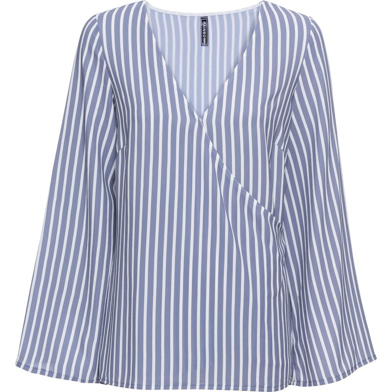 RAINBOW Bonprix - T-shirt blouse style portefeuille bleu manches longues pour femme