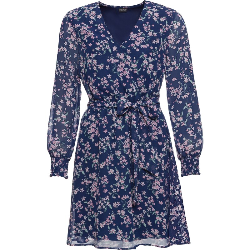 BODYFLIRT Bonprix - robe d'été Robe portefeuille à imprimé bleu manches longues pour femme
