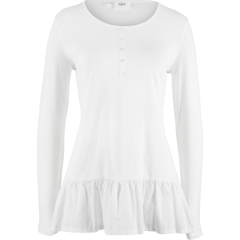 bpc bonprix collection Bonprix - T-shirt long à patte de boutonnage avec base volantée blanc manches longues pour femme