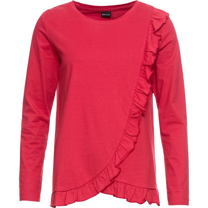 BODYFLIRT Bonprix - T-shirt à ruchés rouge manches longues pour femme
