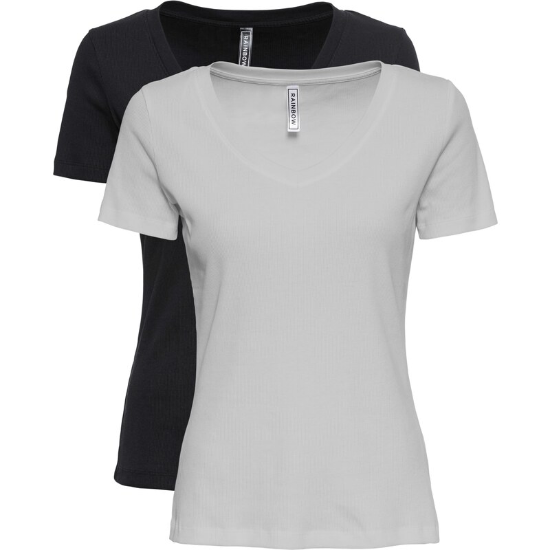 RAINBOW Bonprix - Lot de 2 T-shirts côtelés à col V gris manches courtes pour femme
