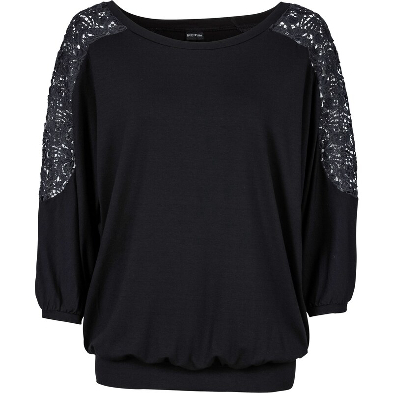 BODYFLIRT Bonprix - T-shirt oversize avec dentelle noir manches 3/4 pour femme