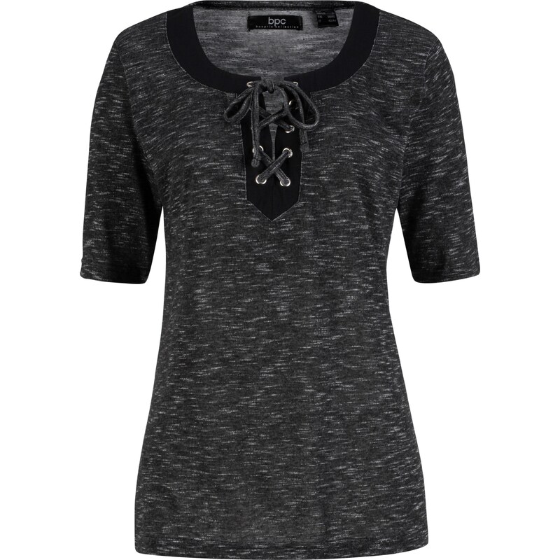 bpc bonprix collection Bonprix - T-shirt chiné à laçage, mi-manches noir pour femme