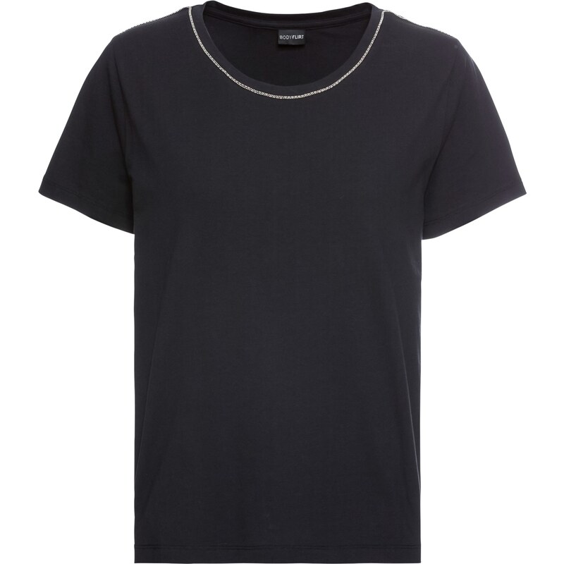 BODYFLIRT Bonprix - T-shirt à détail chaînette noir manches courtes pour femme