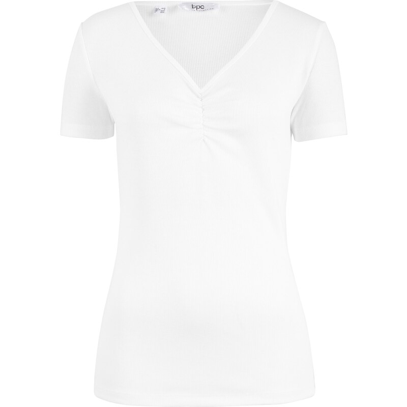bpc bonprix collection Bonprix - T-shirt côtelé avec petites fronces blanc manches mi-longues pour femme