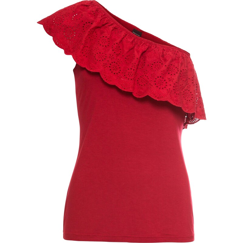 BODYFLIRT Bonprix - Top à une épaule avec broderie ajourée rouge sans manches pour femme