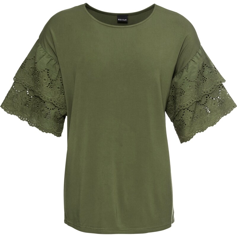 BODYFLIRT Bonprix - T-shirt avec manches en broderie ajourée vert pour femme