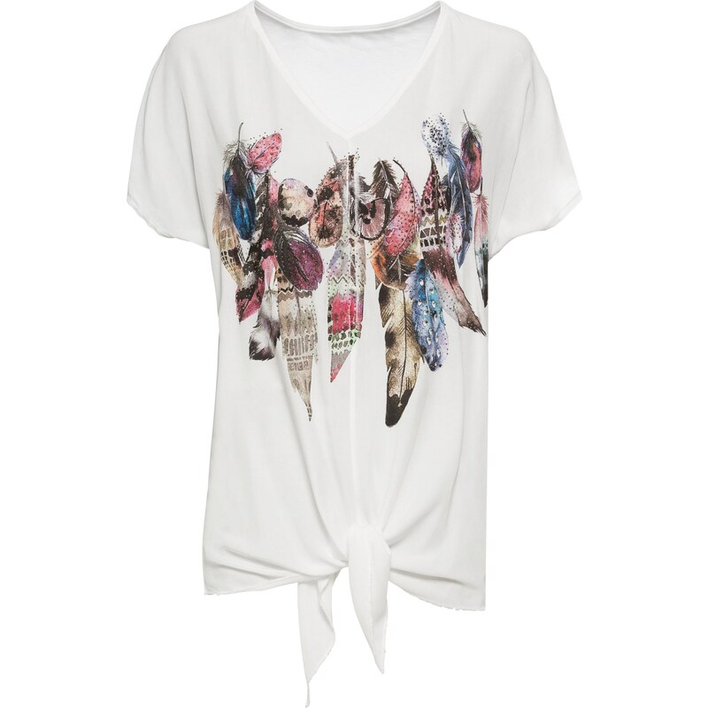 BODYFLIRT Bonprix - T-shirt à imprimé plume et strass appliqués blanc manches courtes pour femme