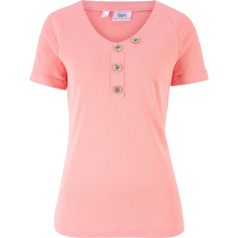 bpc bonprix collection Bonprix - T-shirt côtelé avec détail bouton rouge manches courtes pour femme