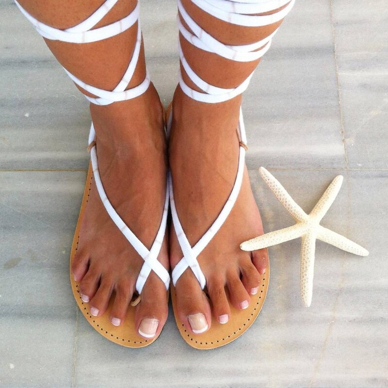Grecian Sandals White Cotton Lace Up Leather Flip Flops