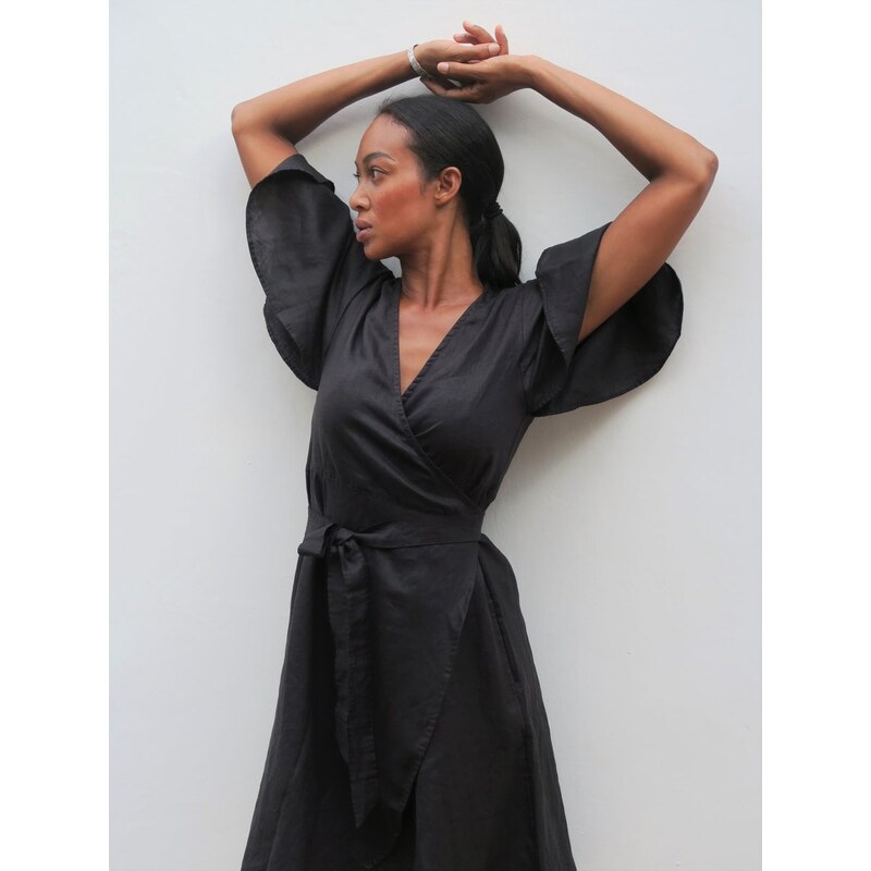 Luciee Linen Wrap Dress In Black - Ayla