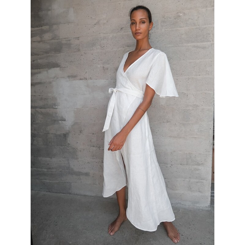 Luciee Linen Wrap Dress In White - Dhalia