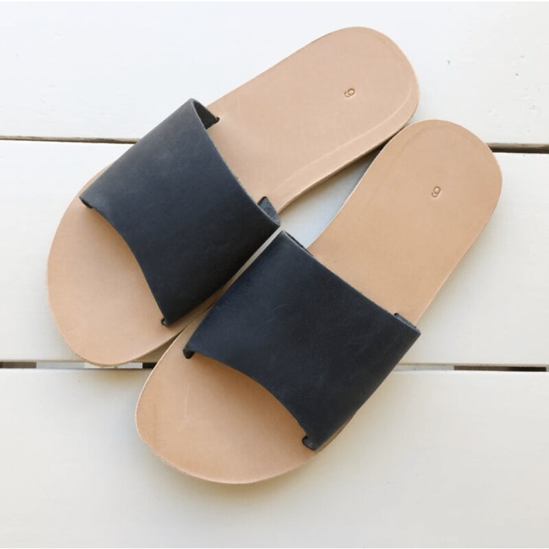 Grecian Sandals Black Suede Leather Slides