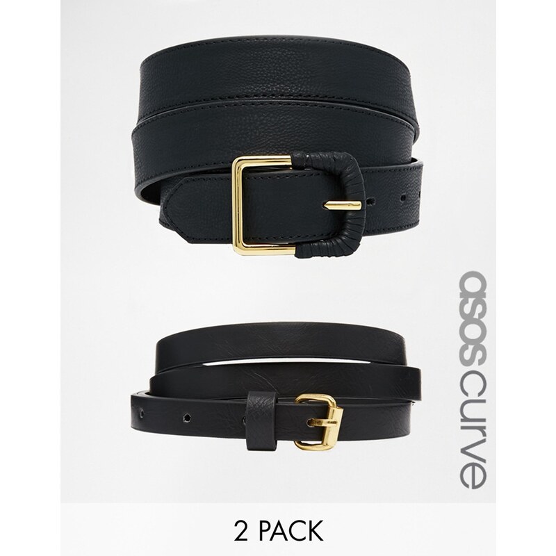 ASOS CURVE - Lot de 2 ceintures avec un modèle fin et un modèle pour jean - Noir