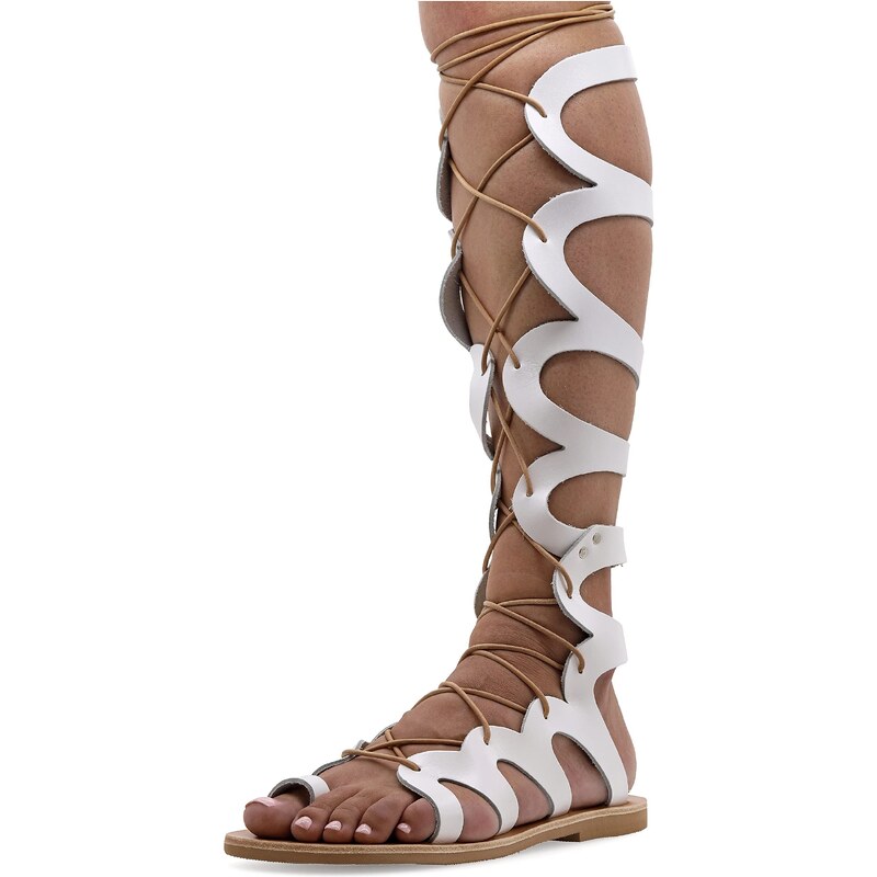EMMANUELA handcrafted for you 39 blanc Emmanuela Sandales en cuir à haut genou dans un style grec ancien, sandales de gladiateur plat à la main avec orteils ouverts, chaussures d'été de haute qualité pour attacher les femmes