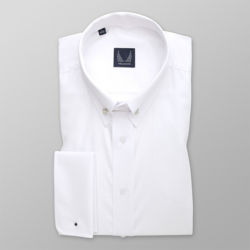 Willsoor Chemise blanche classique pour homme avec un motif uni et un col à épingles 14785