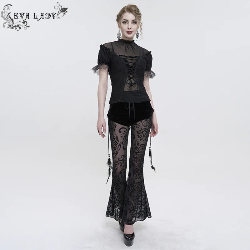 Pantalon pour femmes DEVIL FASHION - Gothic Drawstring Mesh Splice Flared - EPT012