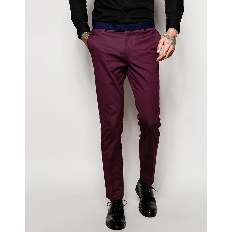 Noose & Monkey - Pantalon de costume stretch coupe super skinny avec passepoils contrastants - Rouge