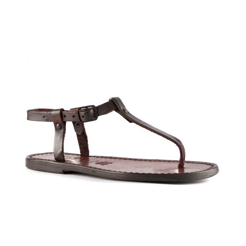 Gianluca - L'artigiano del cuoio Tongs sandales pour femme en cuir travaillé à la main marron