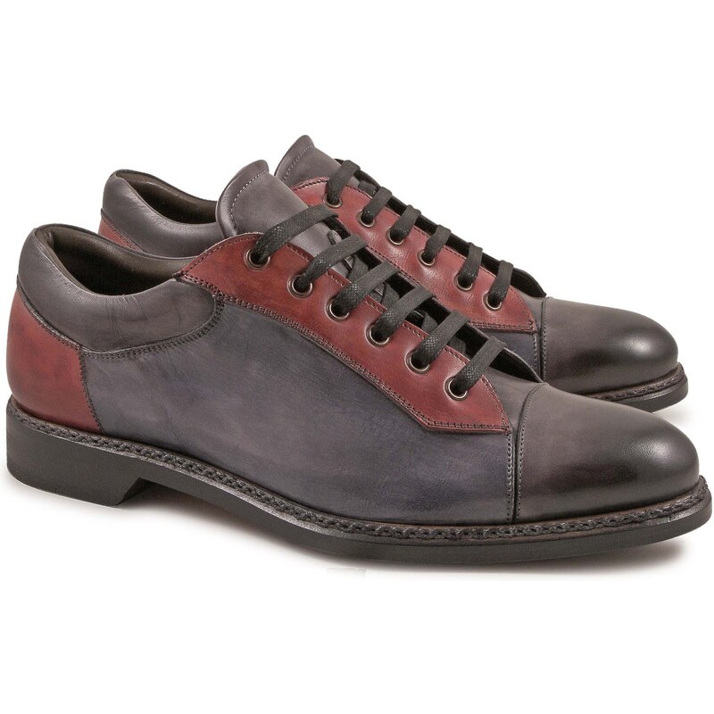 Leonardo Shoes Chaussures à lacets artisanales en cuir gris et rouge
